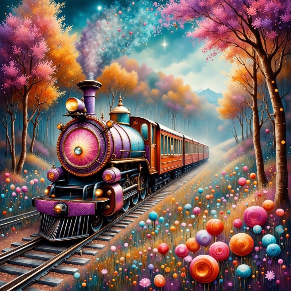 Vintage Candy Train in Whimsical Countryside