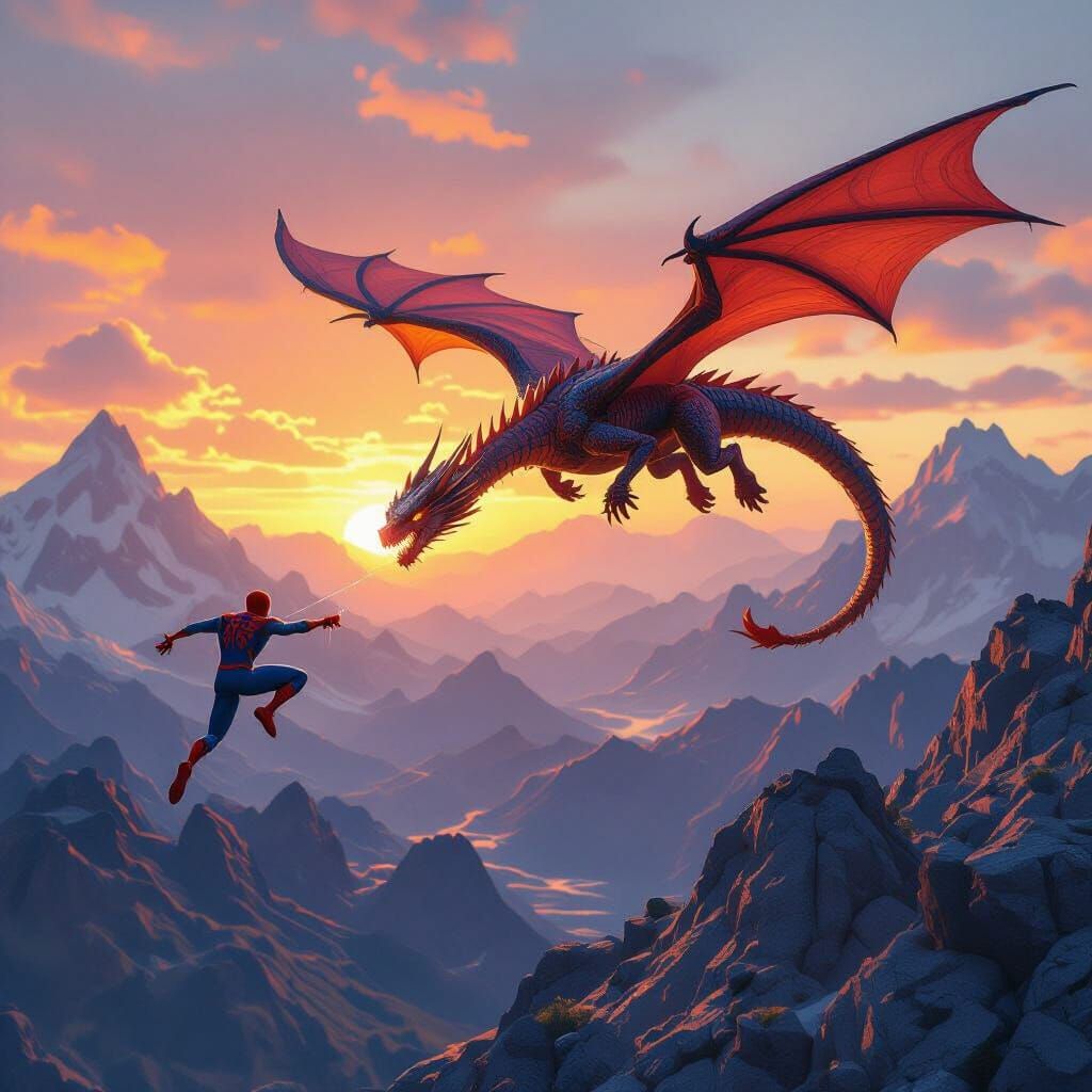 Dragon Chasing Spiderman Over Mountains at Twilight