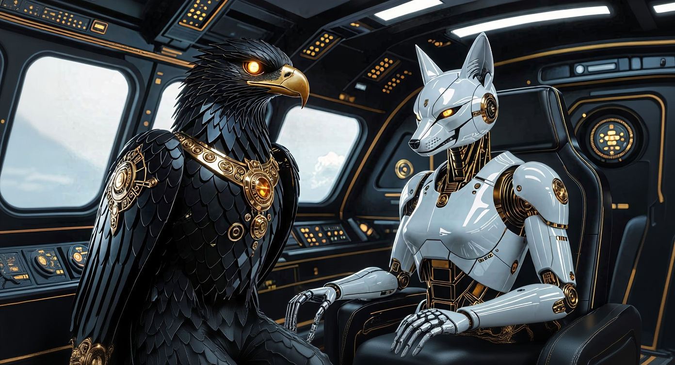 Steampunk Eagle and Robot on Starship Bridge