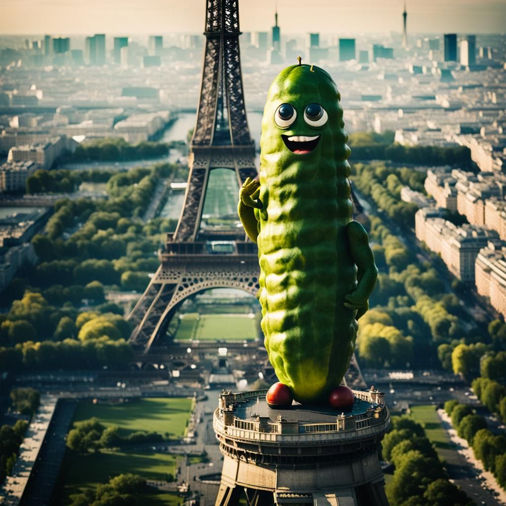 Giant Pickle Dominates Eiffel Tower: Cinematic Still