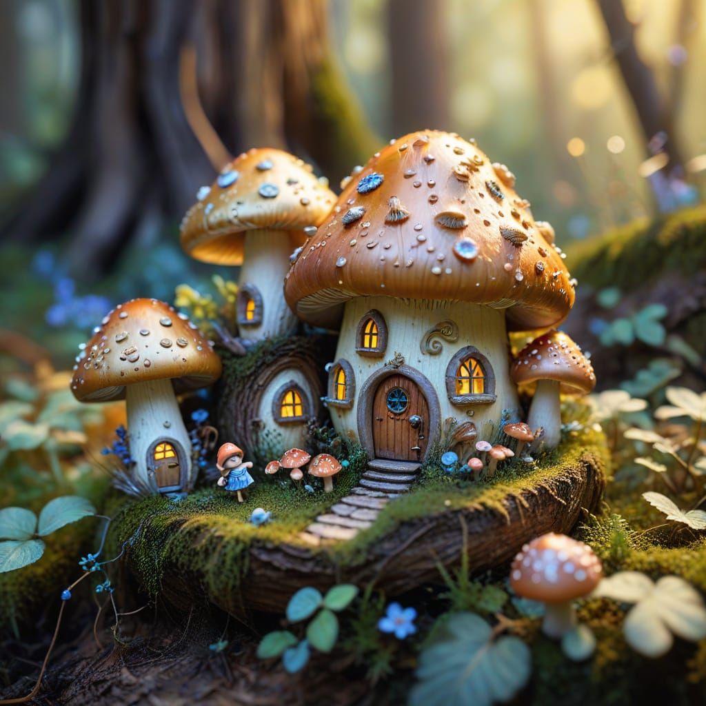 Enchanted Fairy Village Inside an Acorn in Watercolor