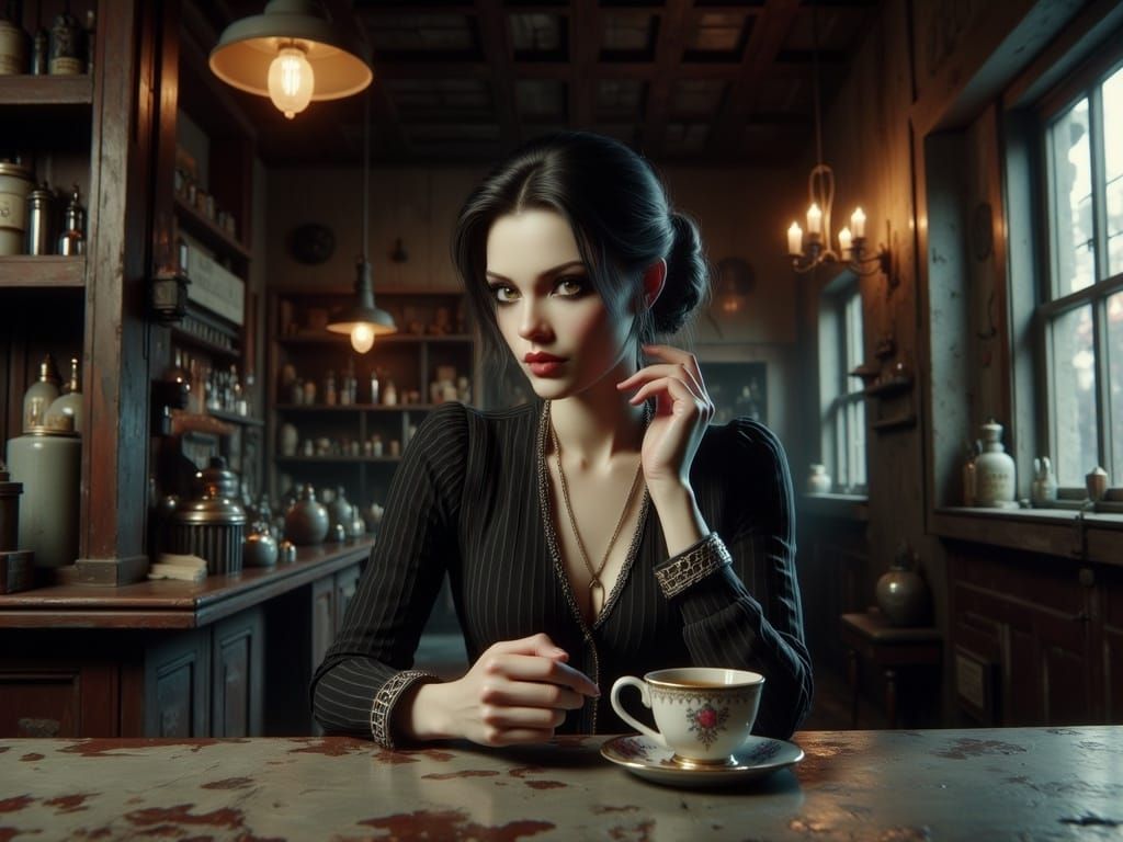 Wednesday Addams in Vintage Drug Store, Coffee in Hand