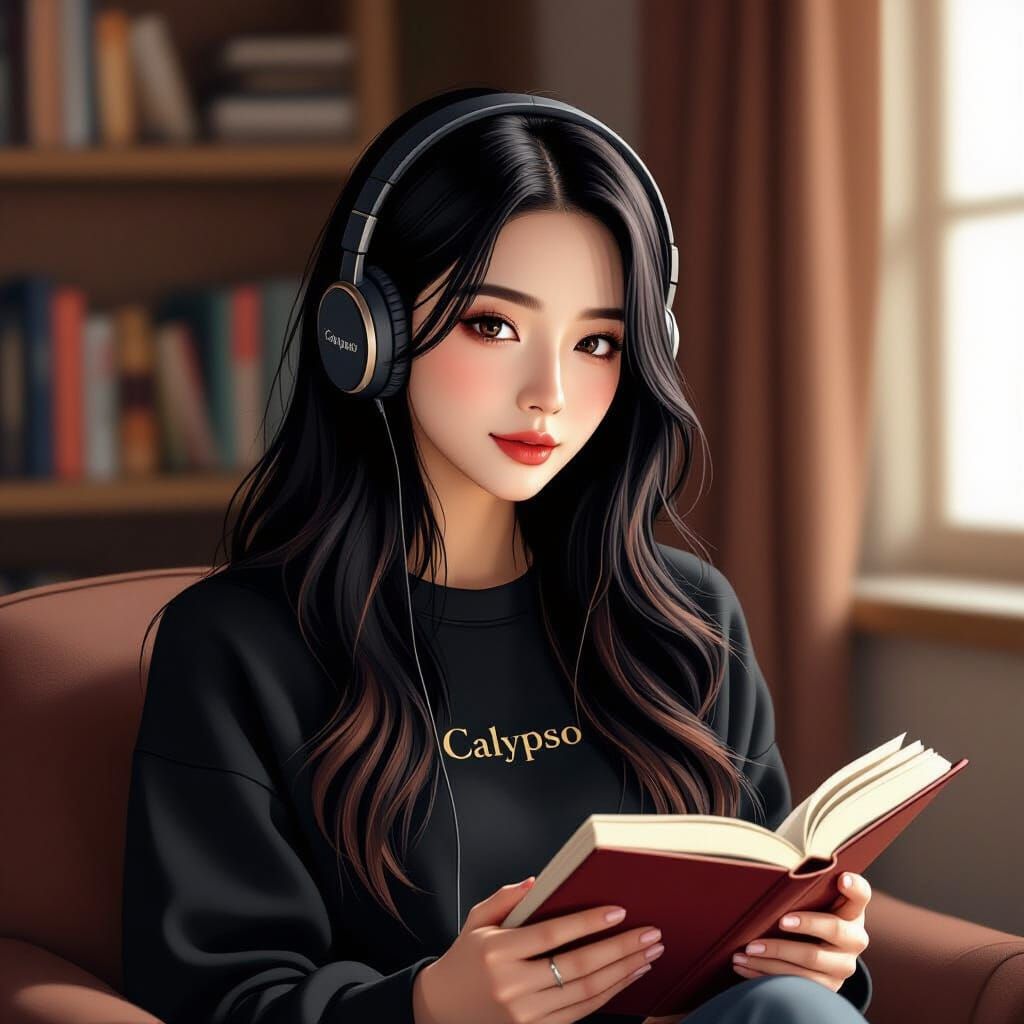 Korean Woman Reading in Cozy Study Room
