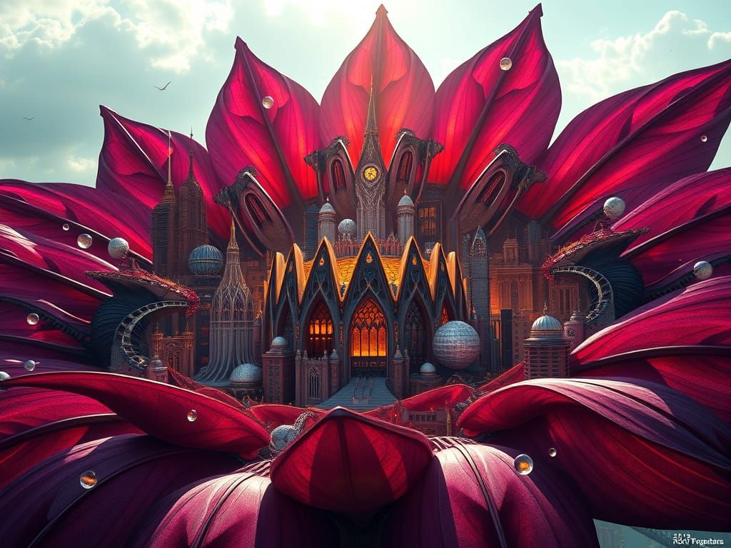 Cyberpunk Fractal City Blooms within a Dark Purple and Orang...