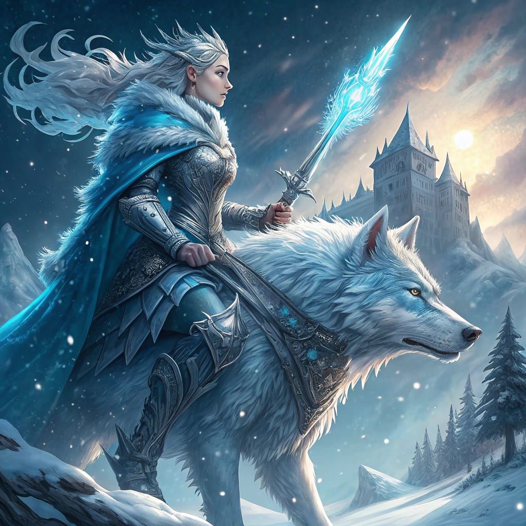 Regal Ice Sorceress Rides Frosty Wolf in Crystal Armor