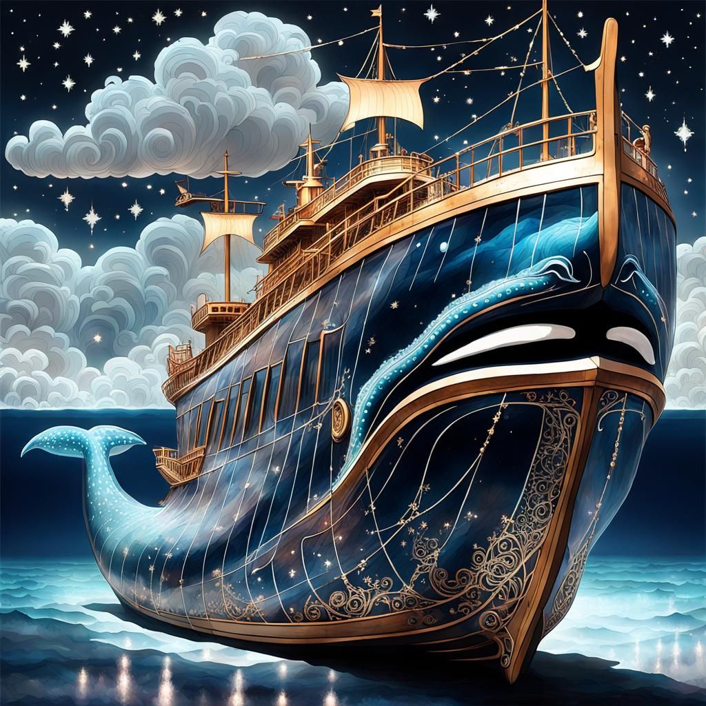 Crystal Whale Ship Navigating Starry Seas