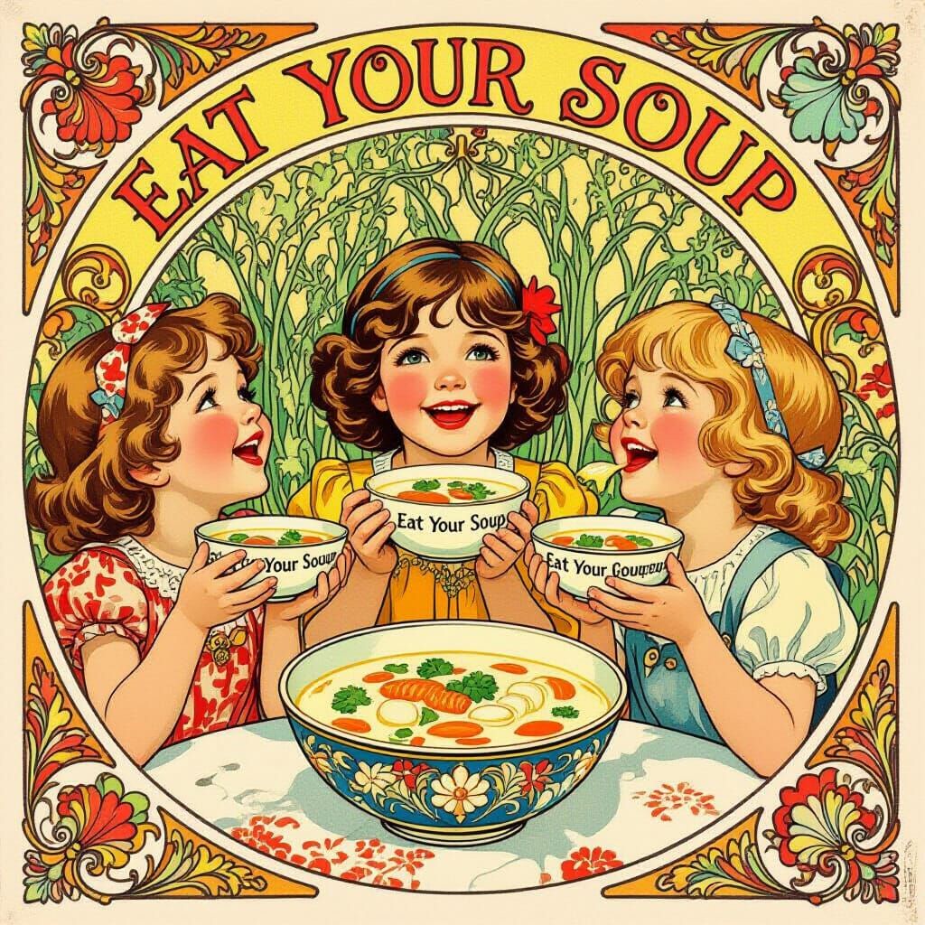 Art Nouveau Children Joyfully Eating Soup