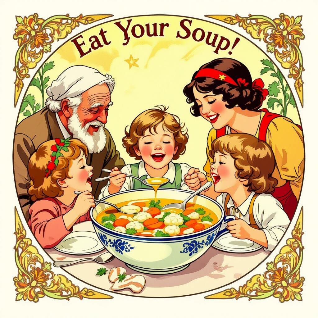 Children Eating Soup in Art Nouveau Style