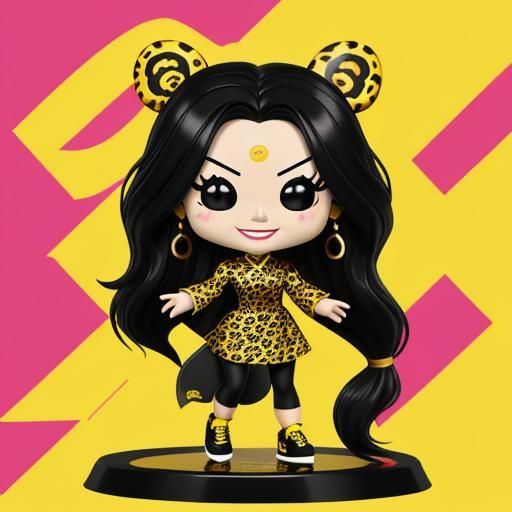 Vietnamese woman with long black hair doll funko pop with A bright, energetic figure with a yellow leopard-inspired des...