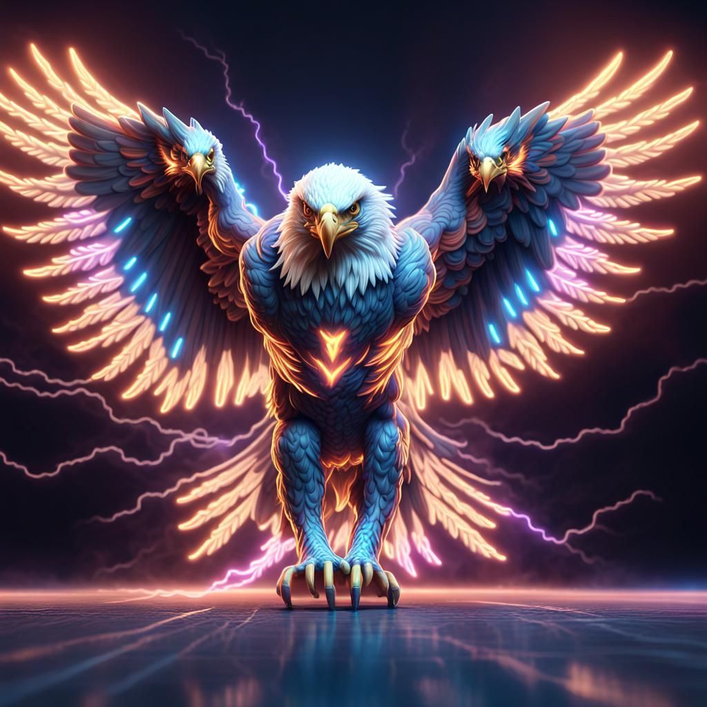 Psychedelic Lightning Eagle Superhero Landing, 3D Render