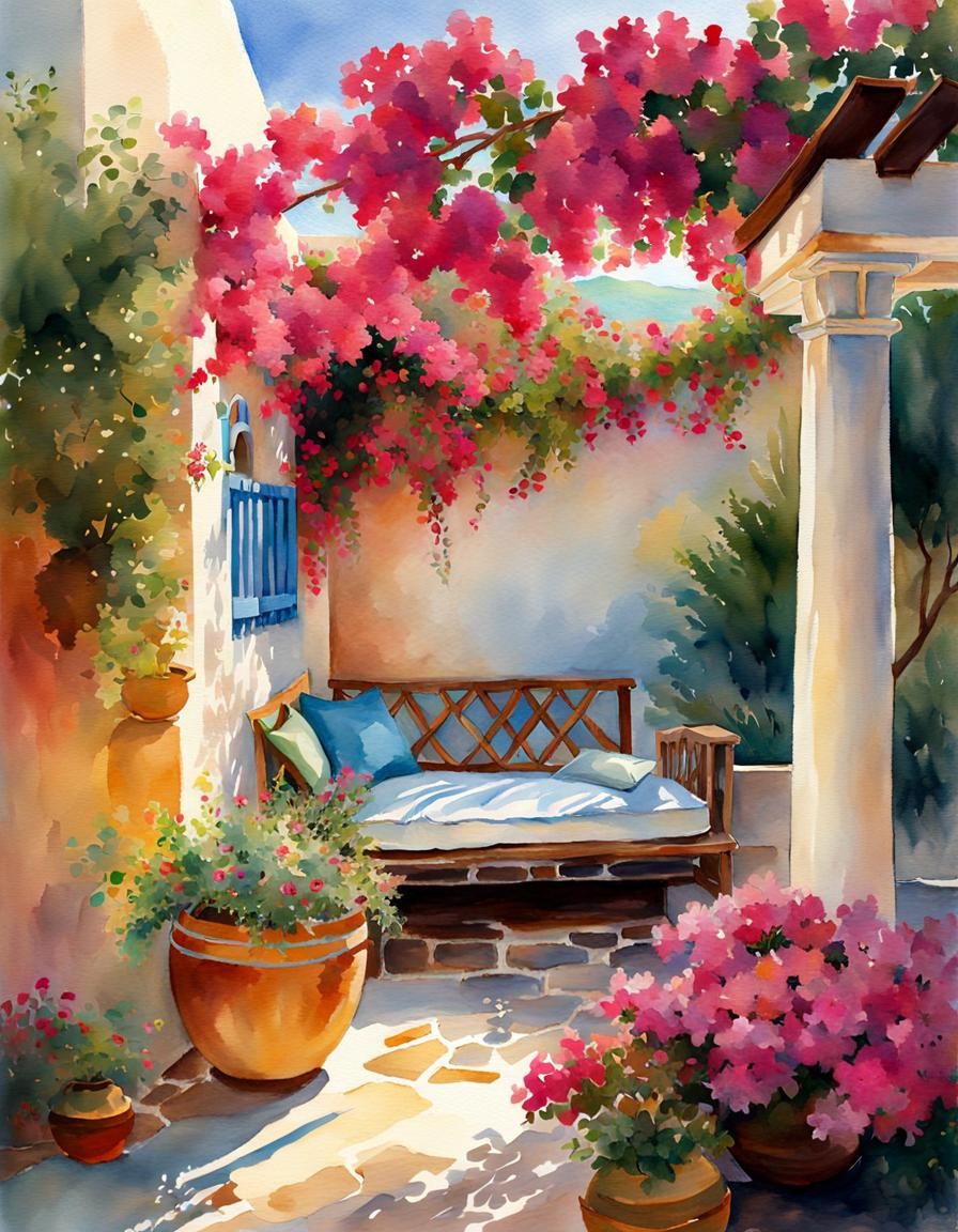 Boho Chic Greek Island Patio in Watercolor