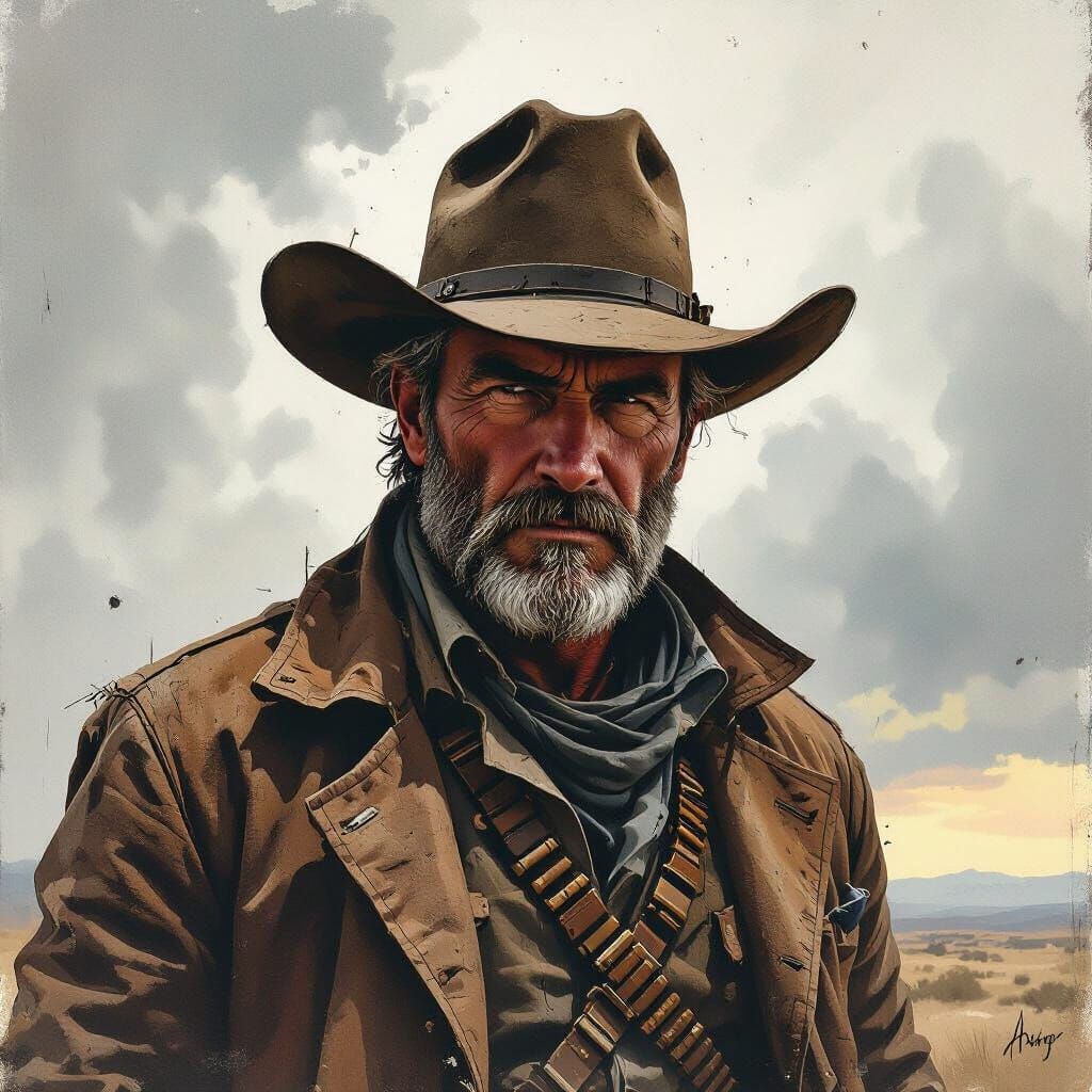 Grizzled Western Pilot Under Stormy Skies