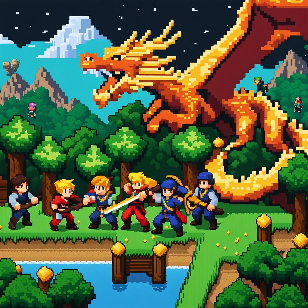 Heroes Fight Golden Dragon: Stardew Valley Pixel Art