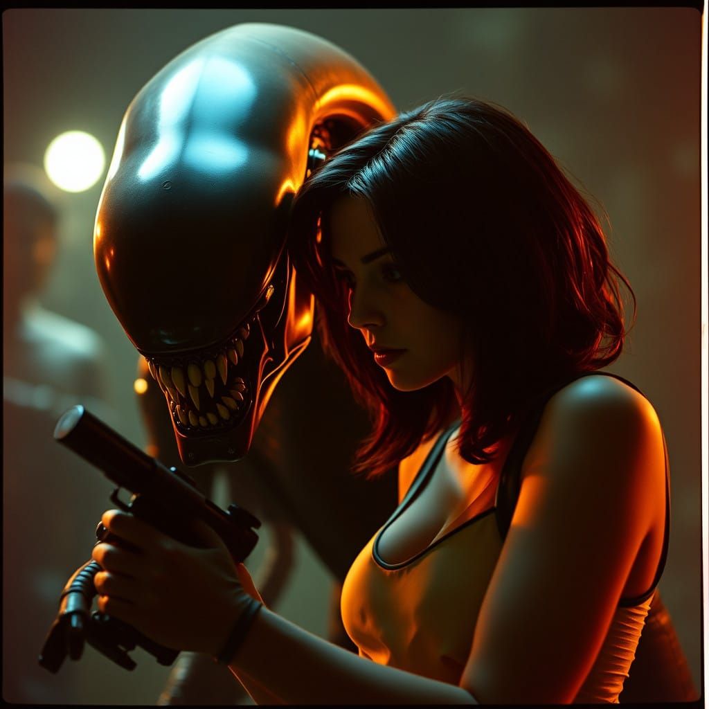 Ripley and Xenomorph in Cinematic Film Still