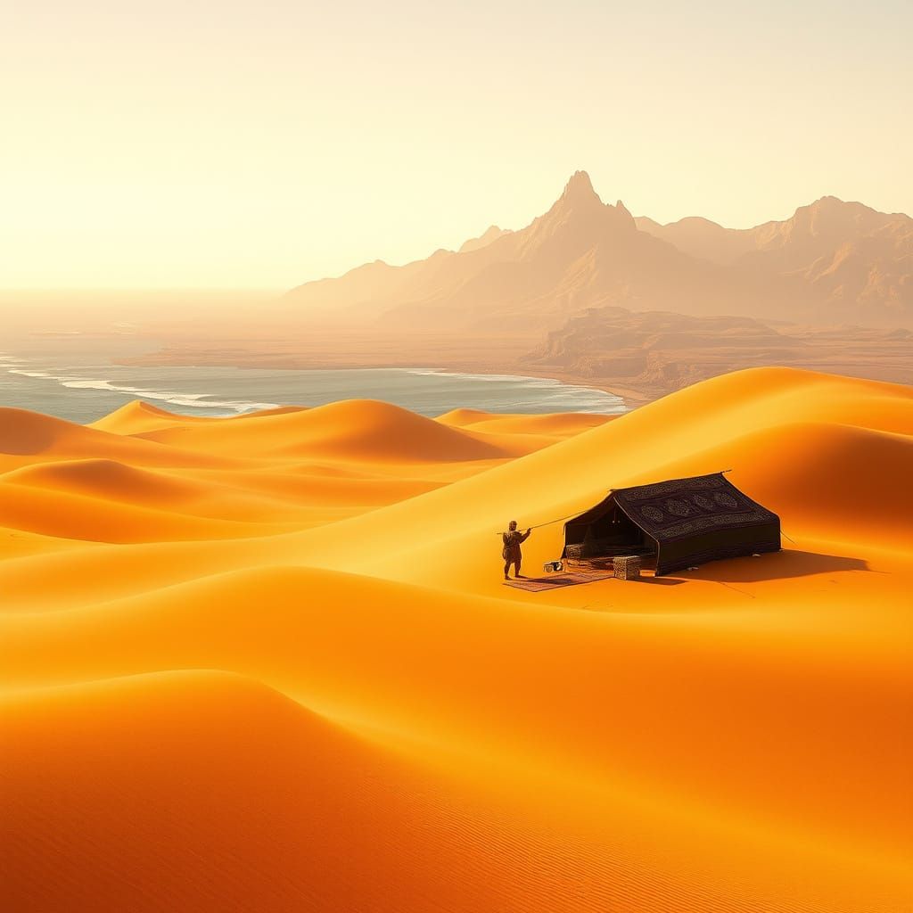 Golden Dunes Meet Azure Ocean in a Majestic Desert Landscape