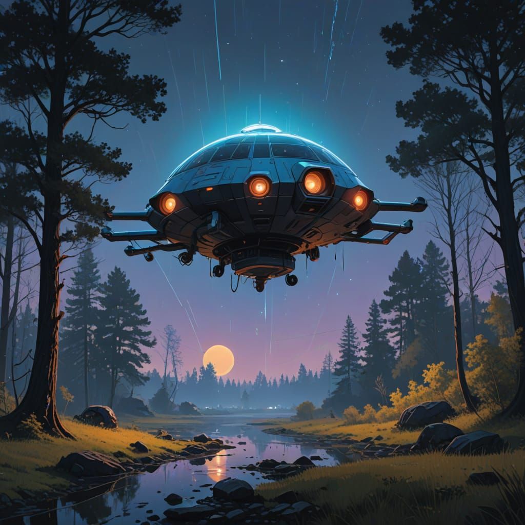 Ethereal Spaceship Illuminates Rural Landscape in Cyberpunk ...