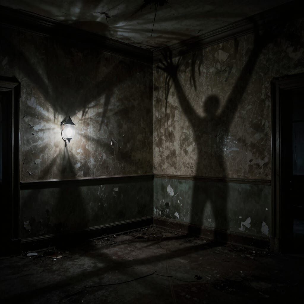Unsettling Humanoid Shape in Flickering Light Abandoned Room