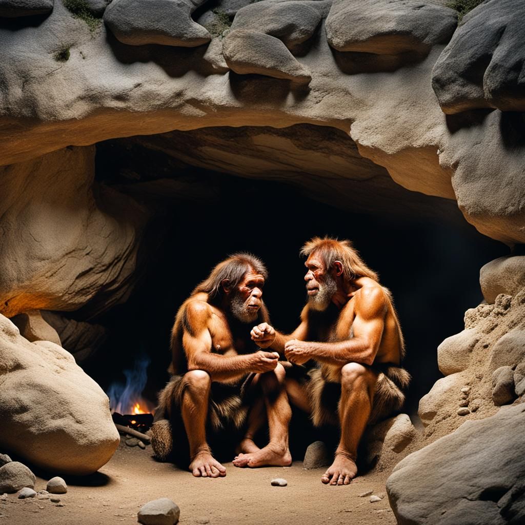 Two Neanderthals sit outside their cave