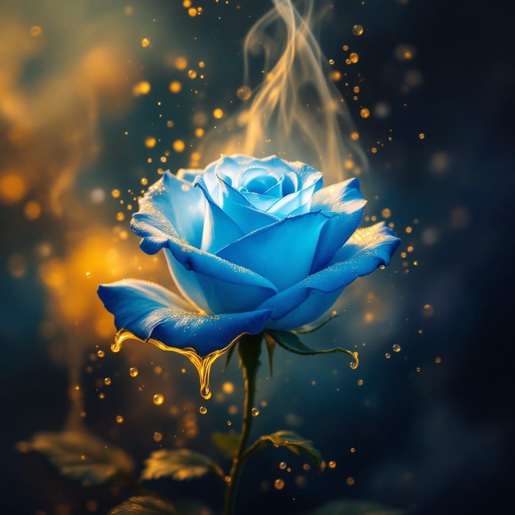Ethereal Blue Rose with Golden Liquid, Splash Art