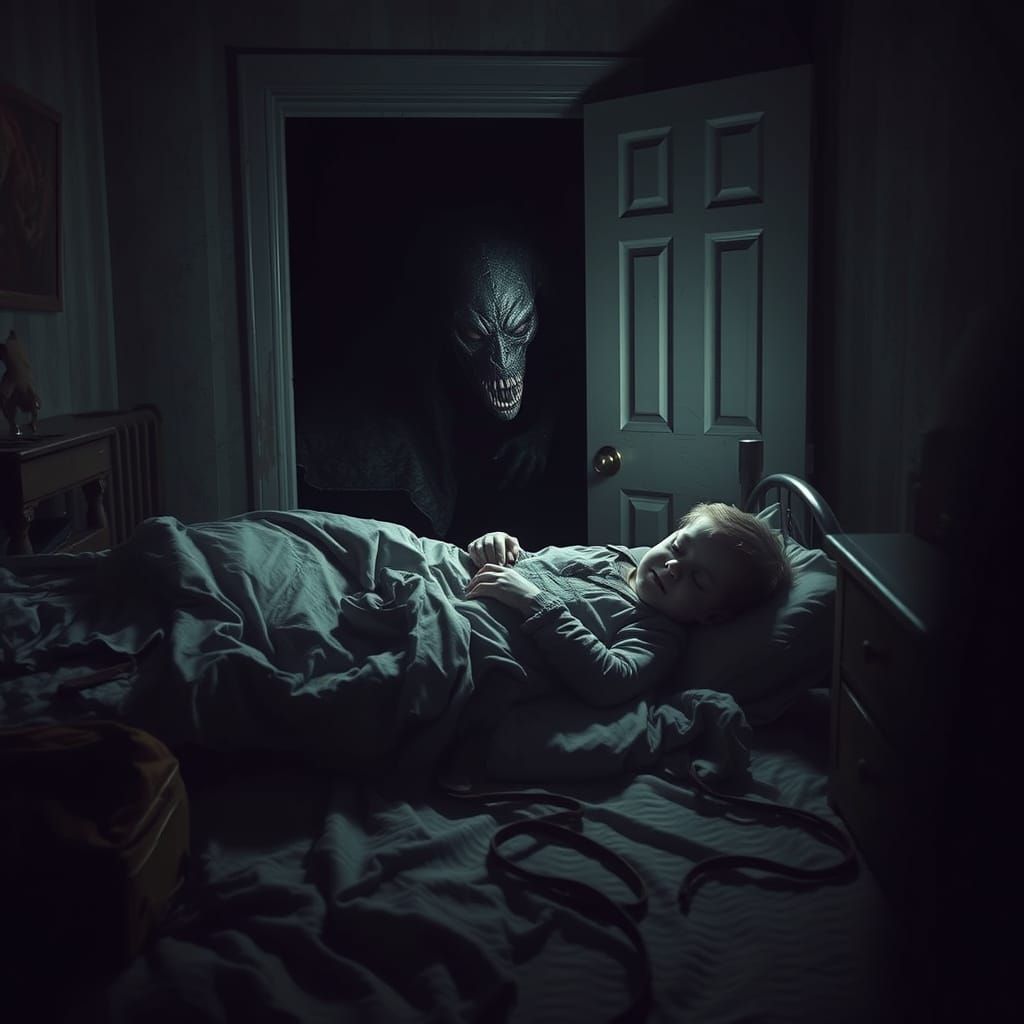 Menacing Monster Lurks Near Sleeping Child