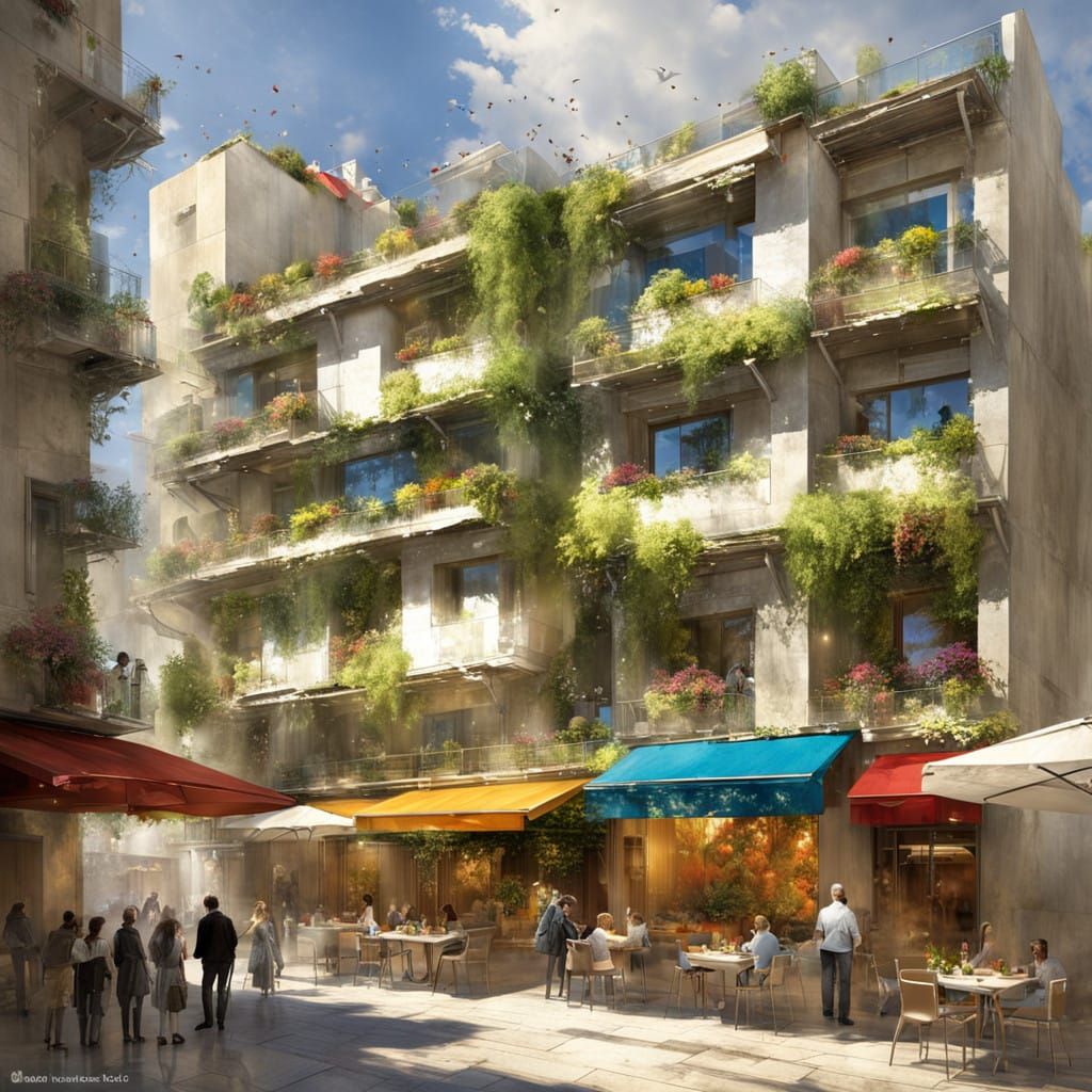 des  immeubles d'habitation recouverts de végétation  et de ...