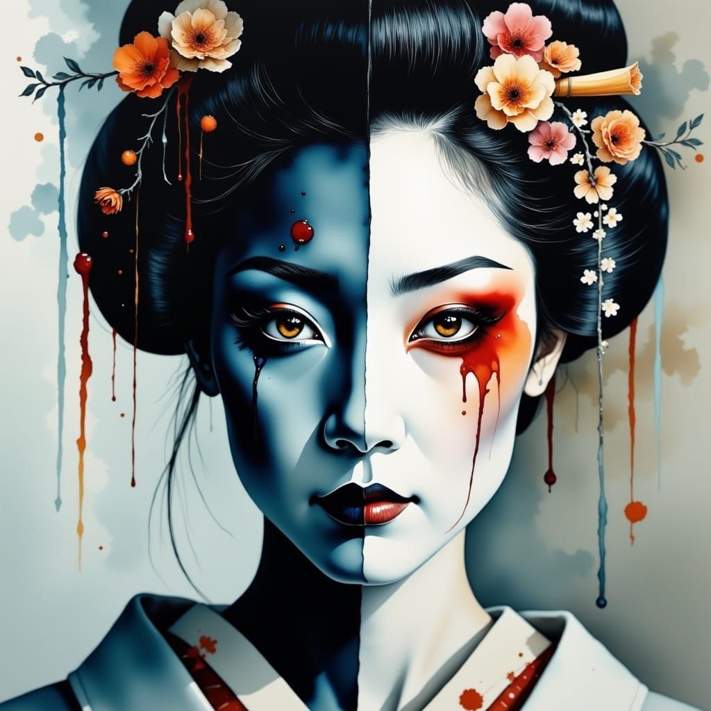 Geisha Portrait: Split Face in Water-Ink Color Style