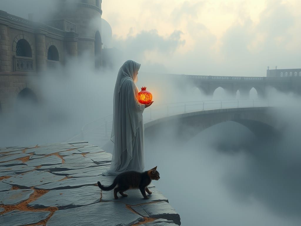 Ethereal Figure with Pomegranate on Ancient Bridge