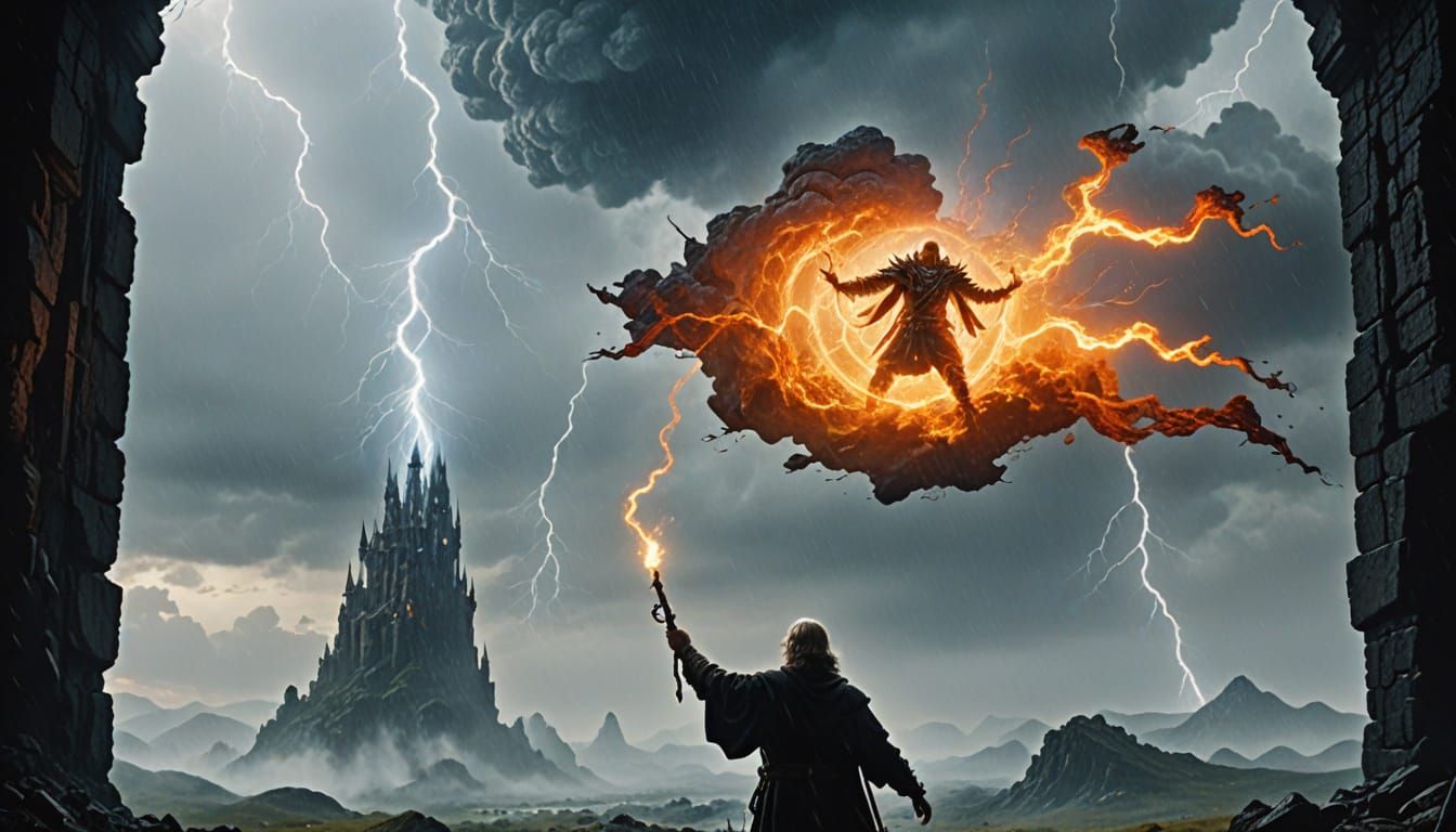 Epic Fantasy Mage Commands the Elements in a Stormy Landscap...