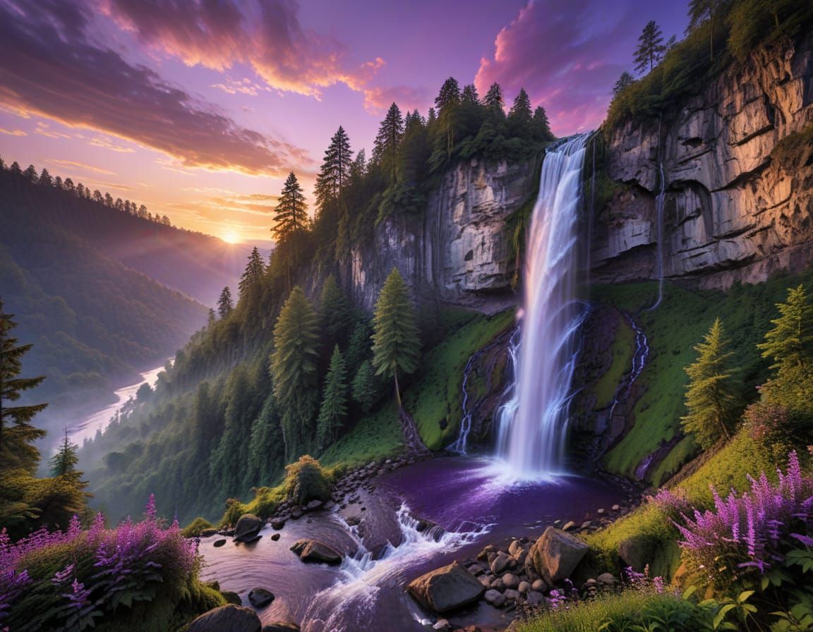 Majestic Waterfall at Purple Sunset in Dense Forest