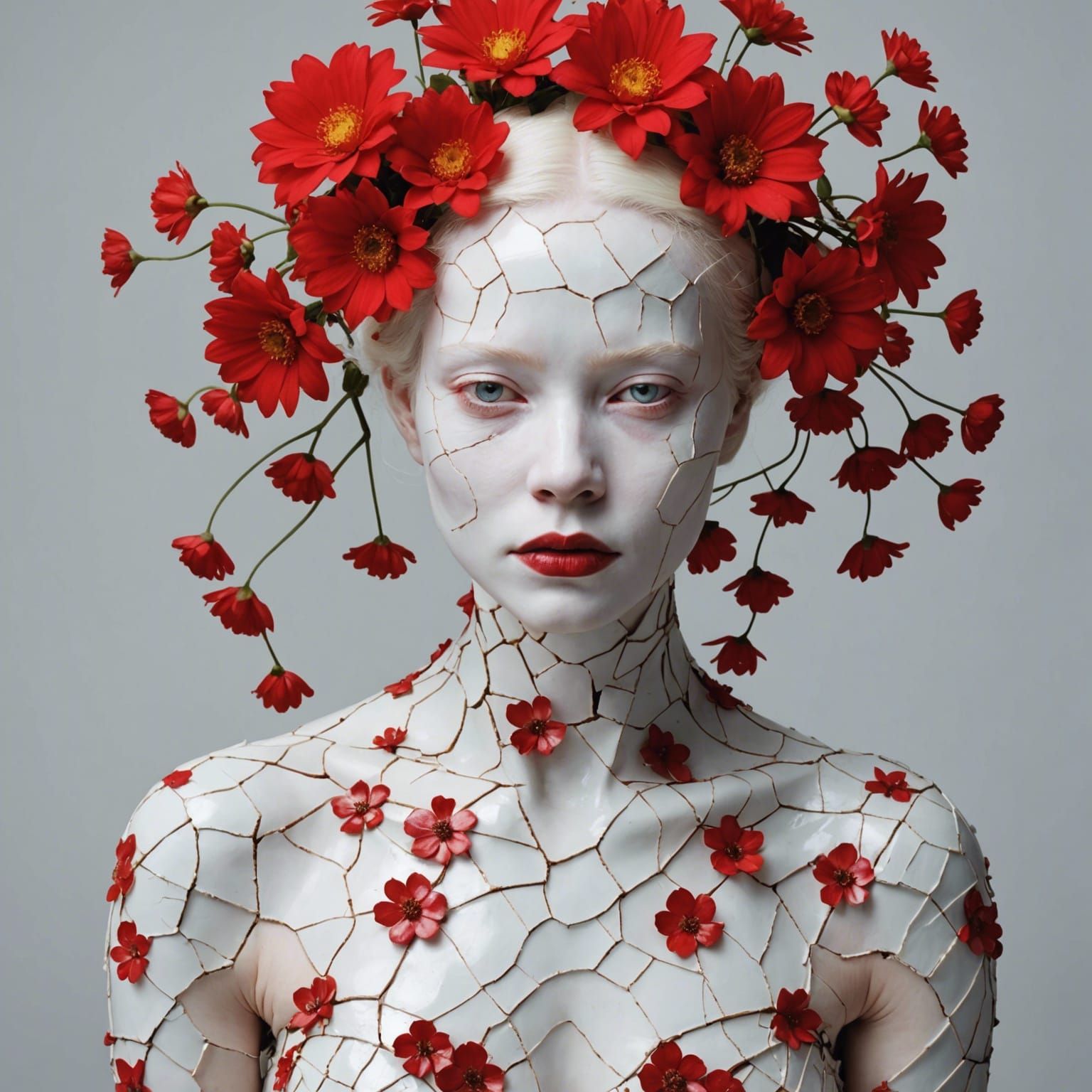 Albino Woman with Porcelain Skin and Red Flowers