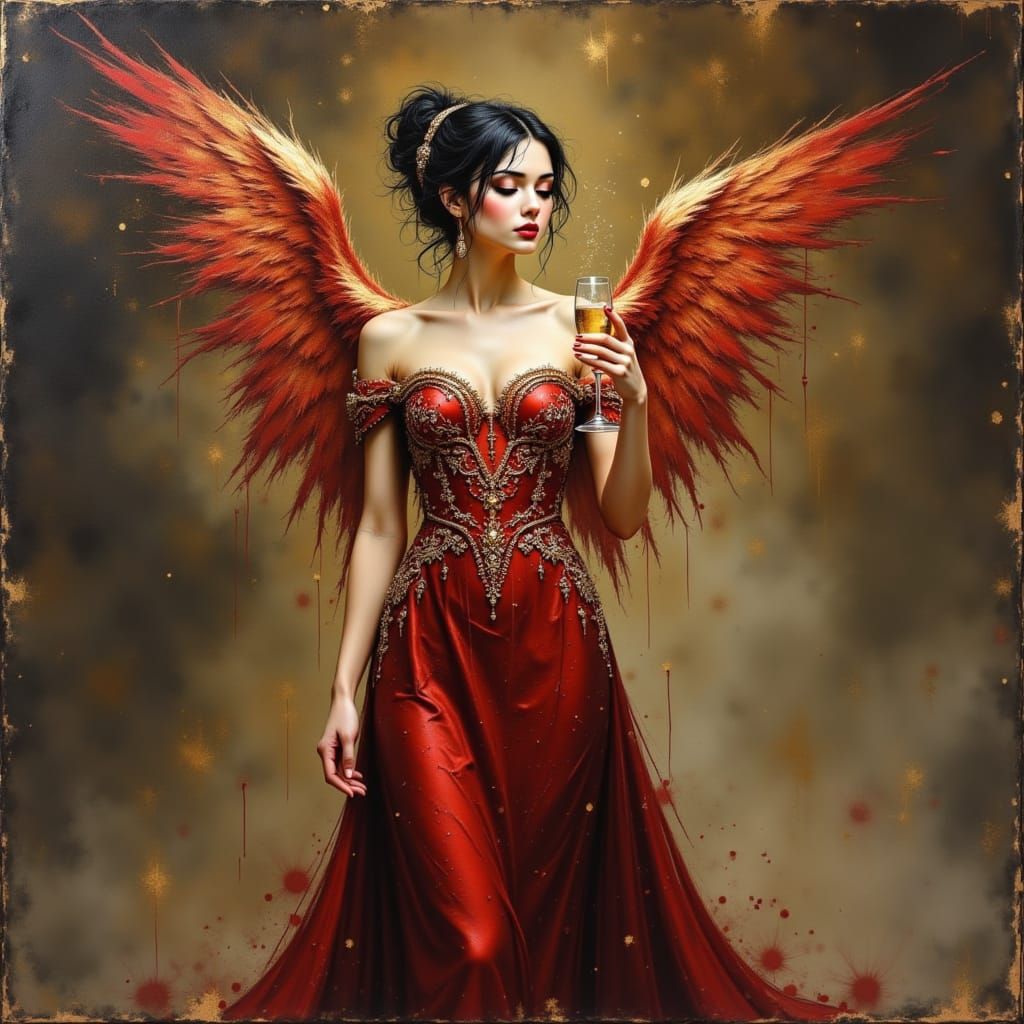 Elegant Angel in Red and Silver Gown, Holding Champagne