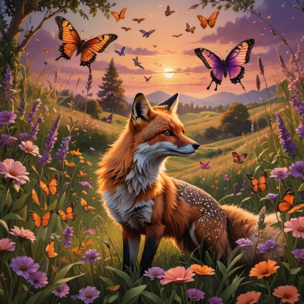 Fox, Birds, and Butterflies in Sunset Field