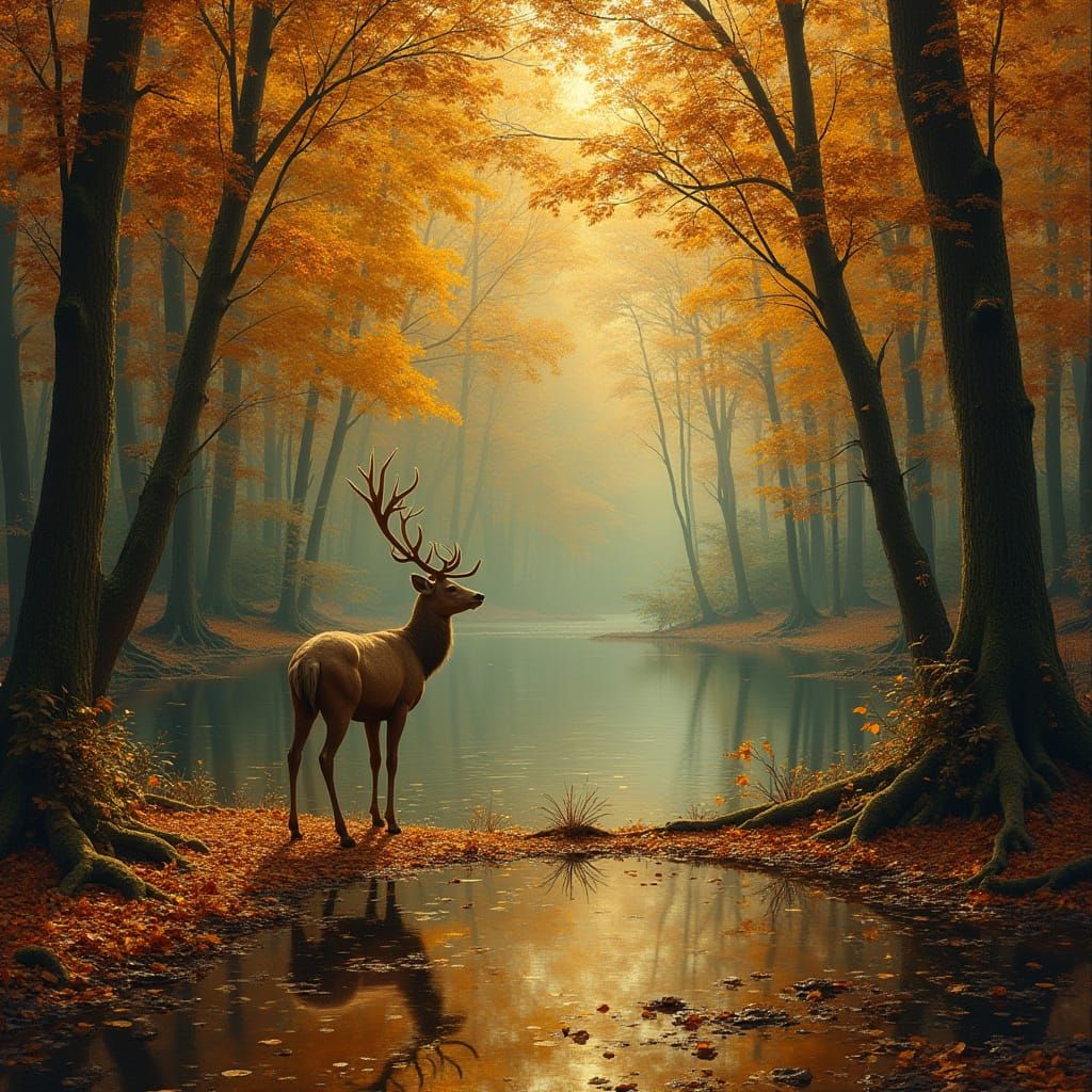 Golden Autumn Deer in a Hyper-Realistic Science Fiction Land...
