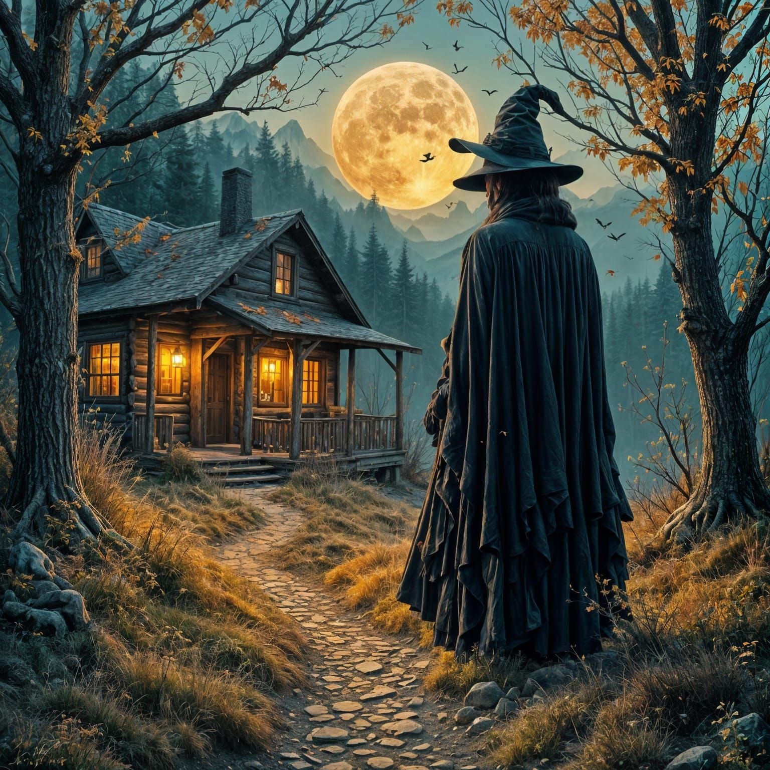 Mysterious Witch by Autumn Log Cabin in Folk Art Style