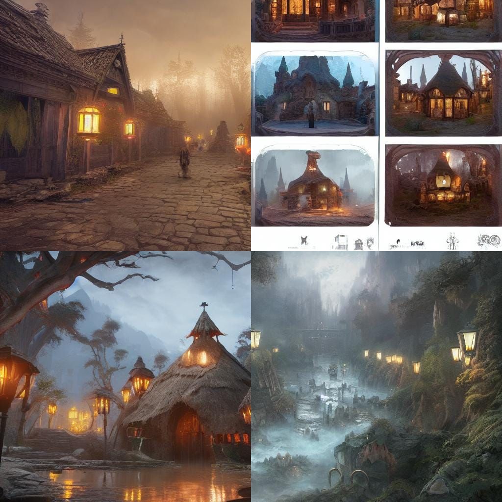 Fantasy Village of Lit Lantern Houses at Night