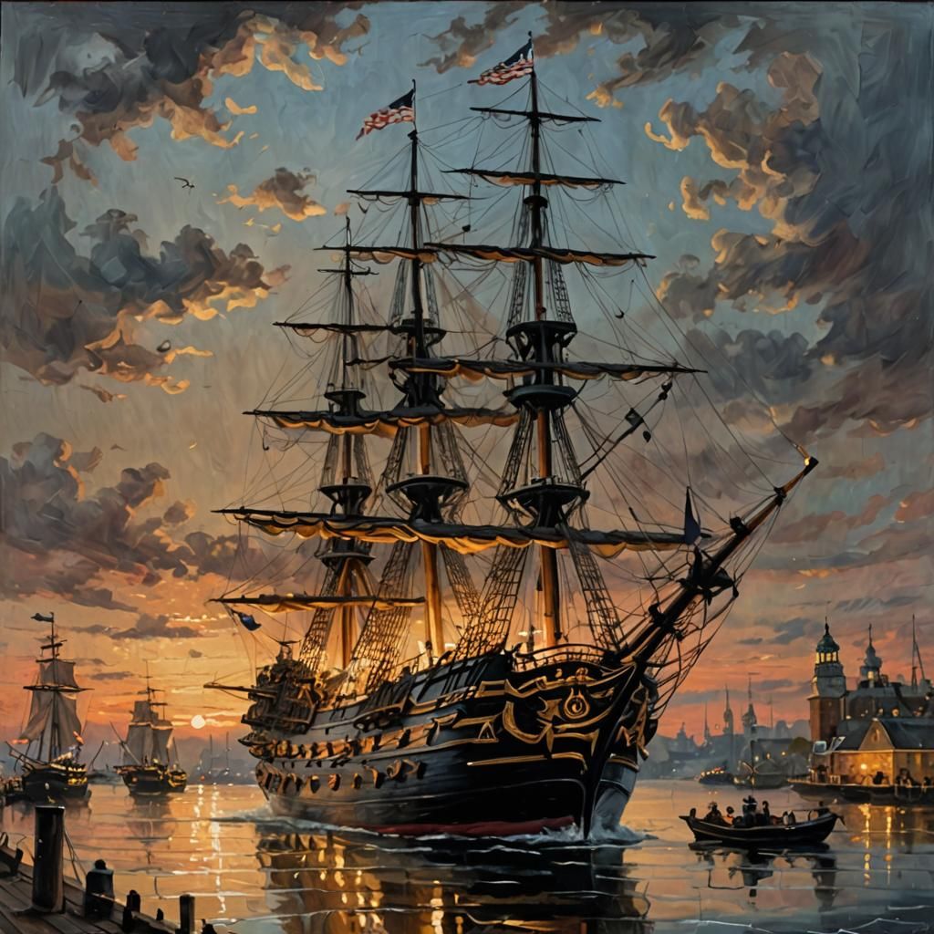 HMS Victory Warship at Dusk: Epic Oil Painting