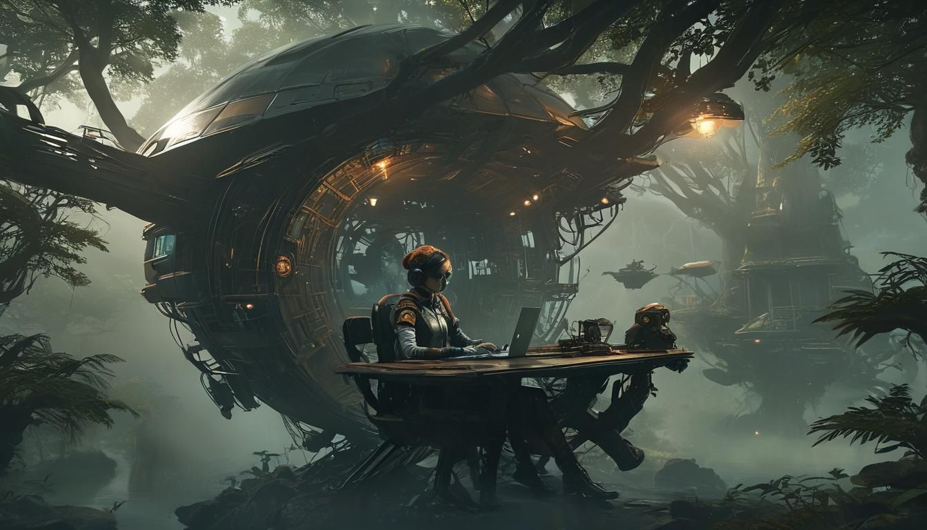 Steampunk Lady Zero Writes in Holographic Treehouse