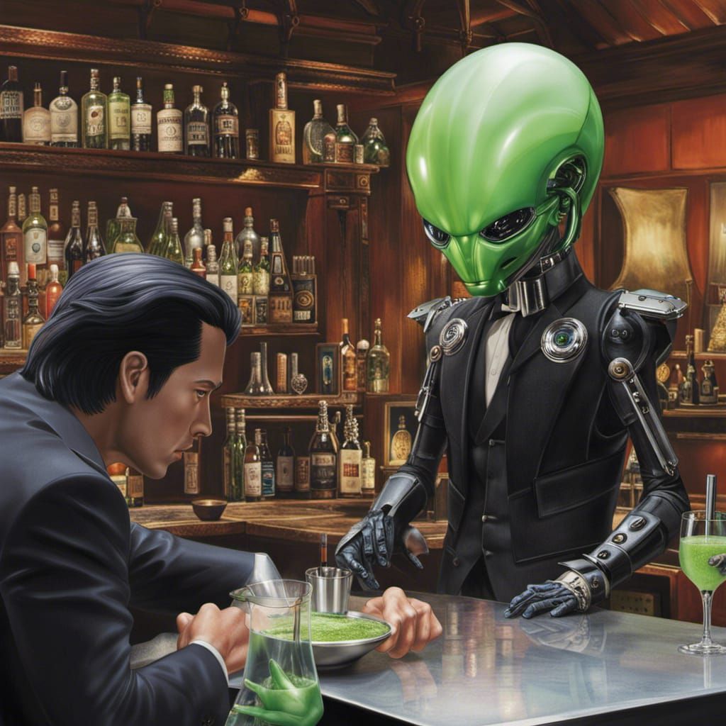 Cyborg Bartender Serving Alien Drink