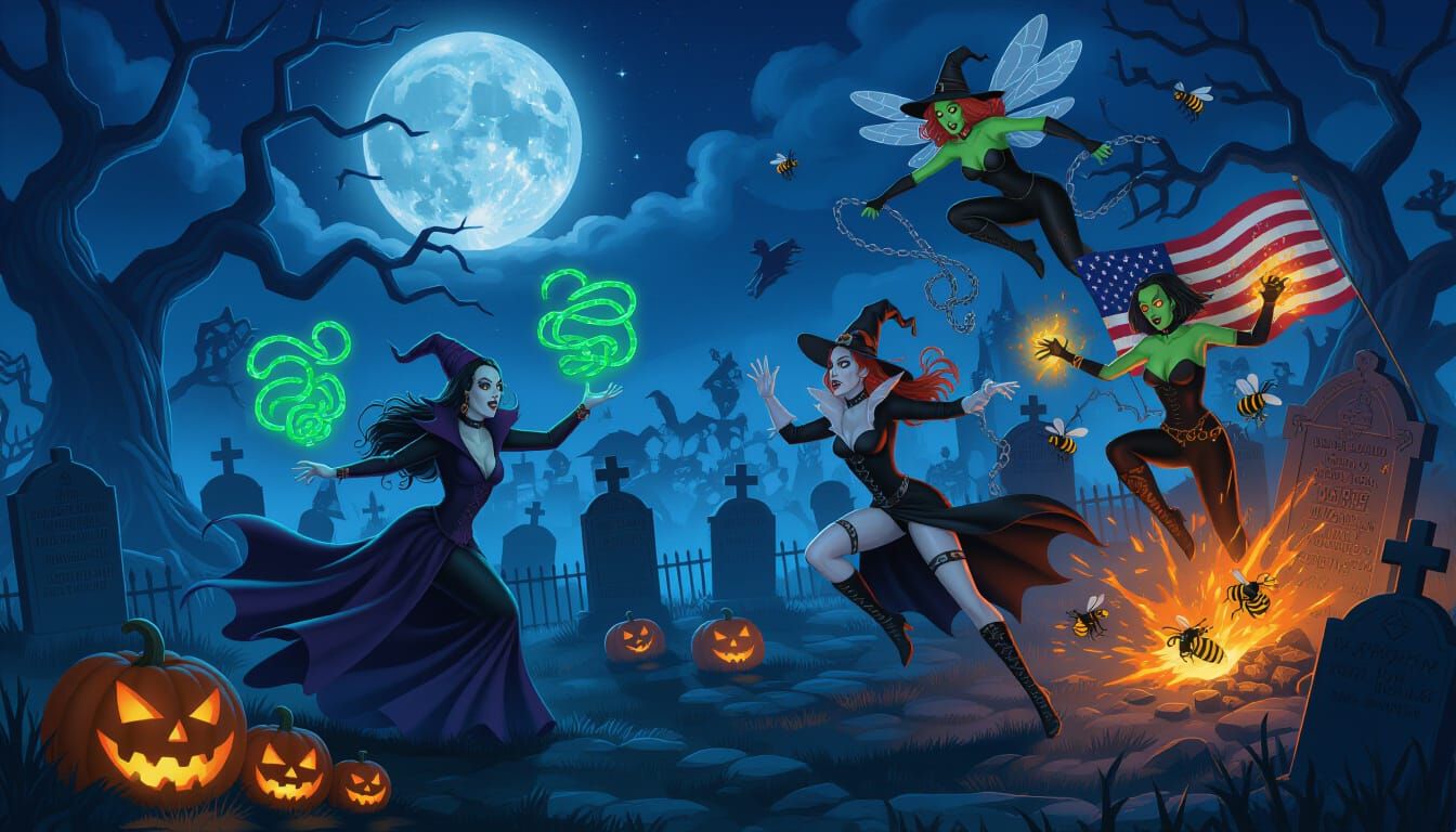 Midnight Halloween Samhain Landscape with Mythic Figures