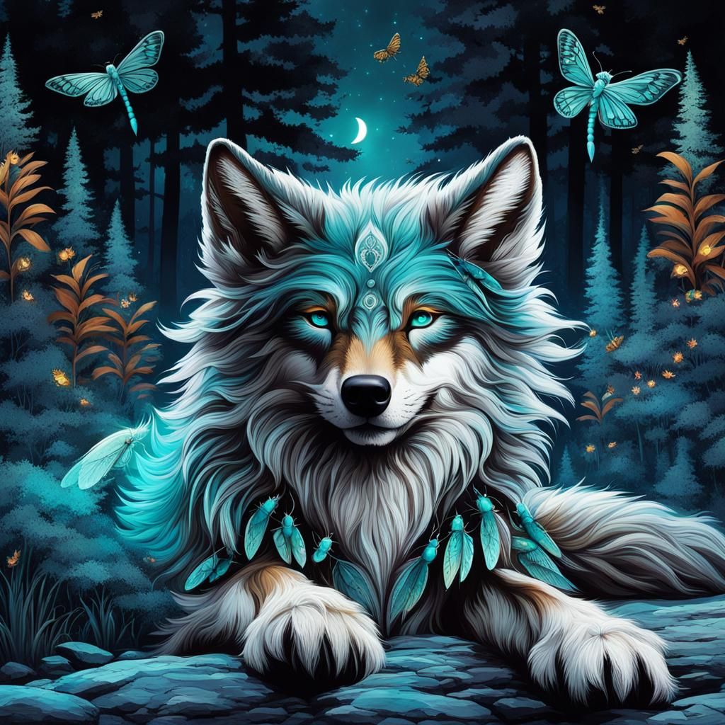 Luminescent Wolf-Headed Figure in Enchanted Forest
