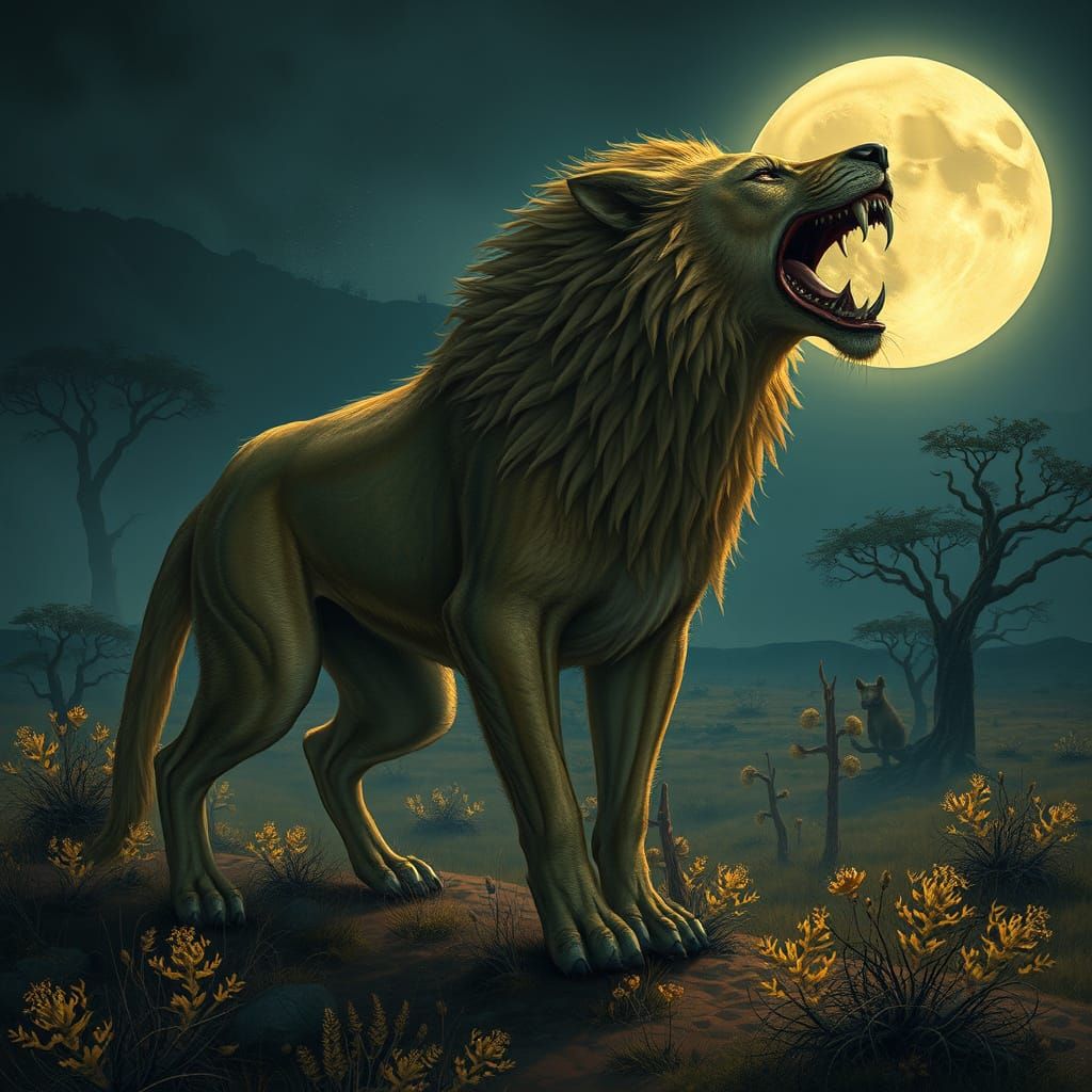 Lion-Wolf Hybrid in Moonlit Savannah Landscape