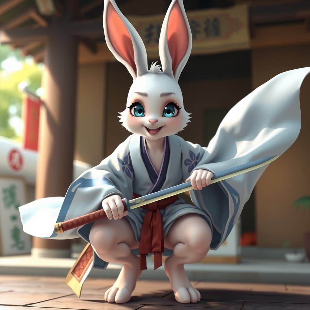 Anime Rabbit Warrior with Swords in Japanese Setting