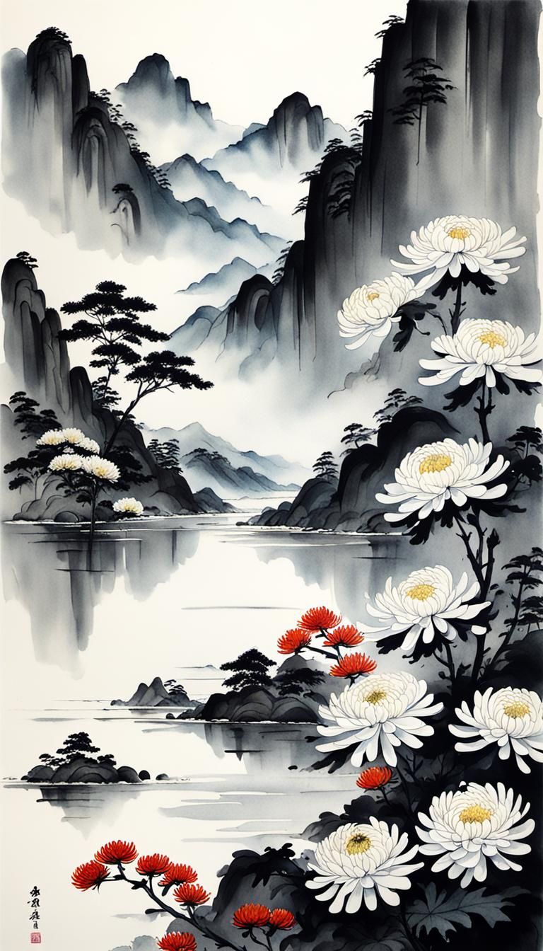 Minimalist Chrysanthemum in Chinese Ink Painting
