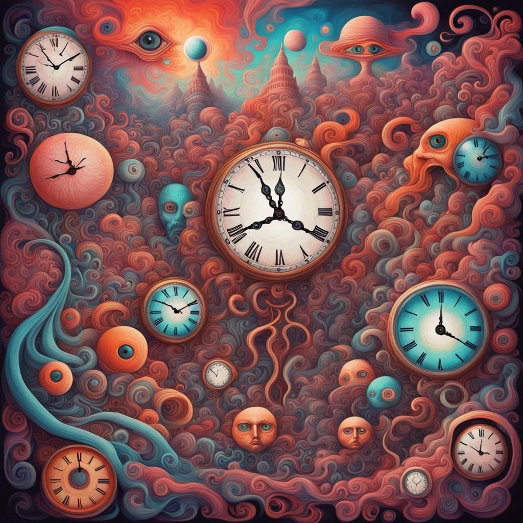 Psychedelic Surrealism: Swirling Clocks and Eyes