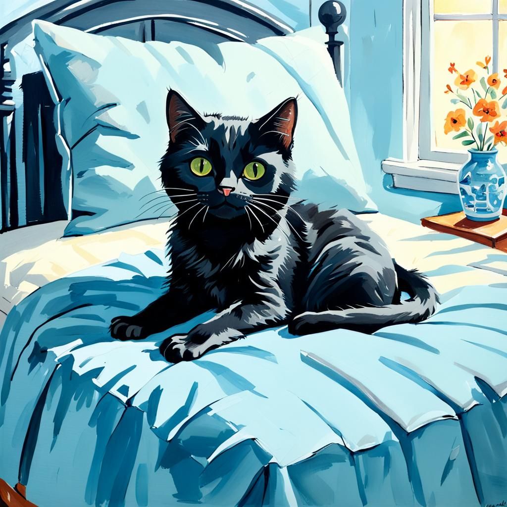 Cute Black Cat in Light Blue Bed: Gouache Painting