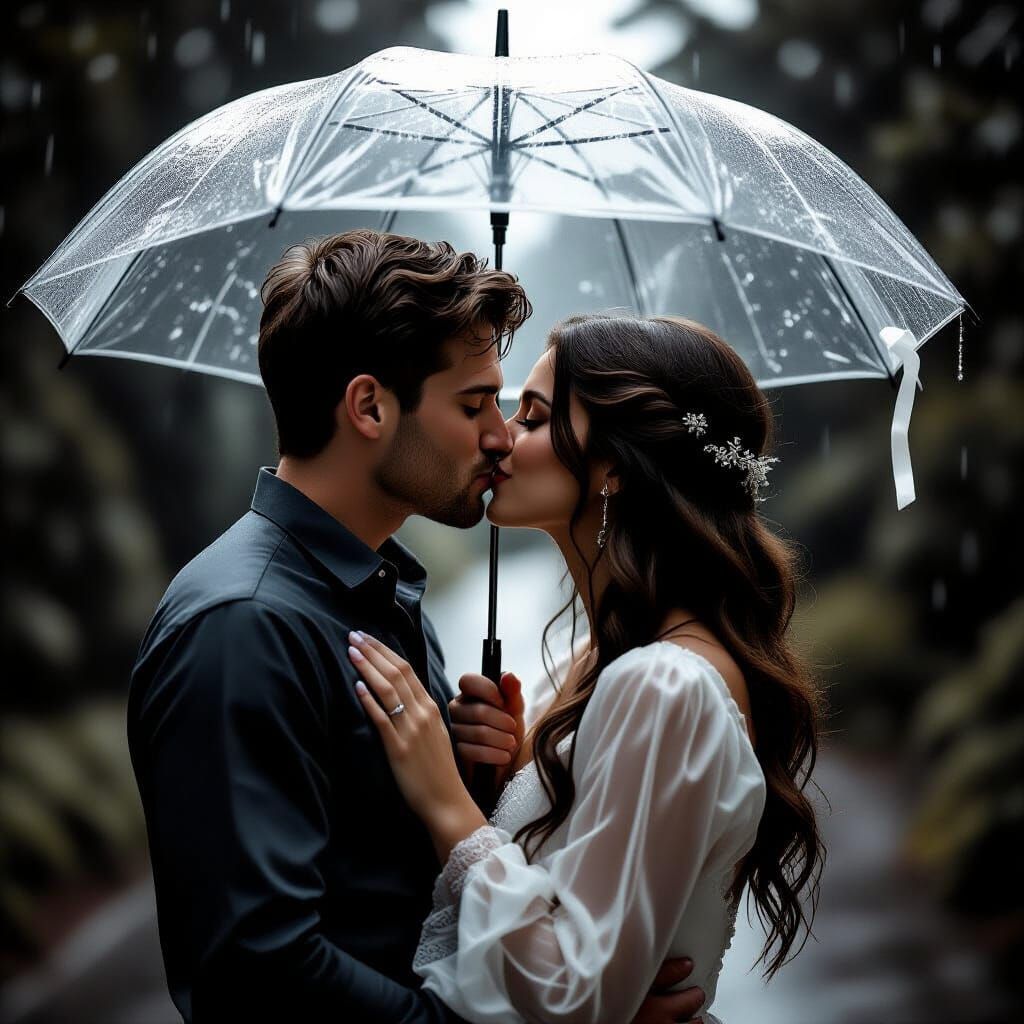 Romantic Kiss Under Umbrella: Black and White Photo