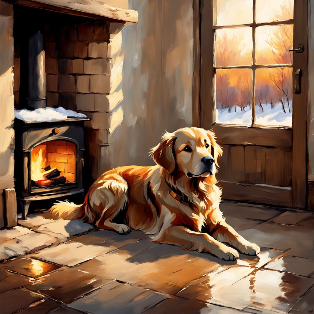 Golden Retriever Rests by Warm Stove in Impressionistic Oil ...