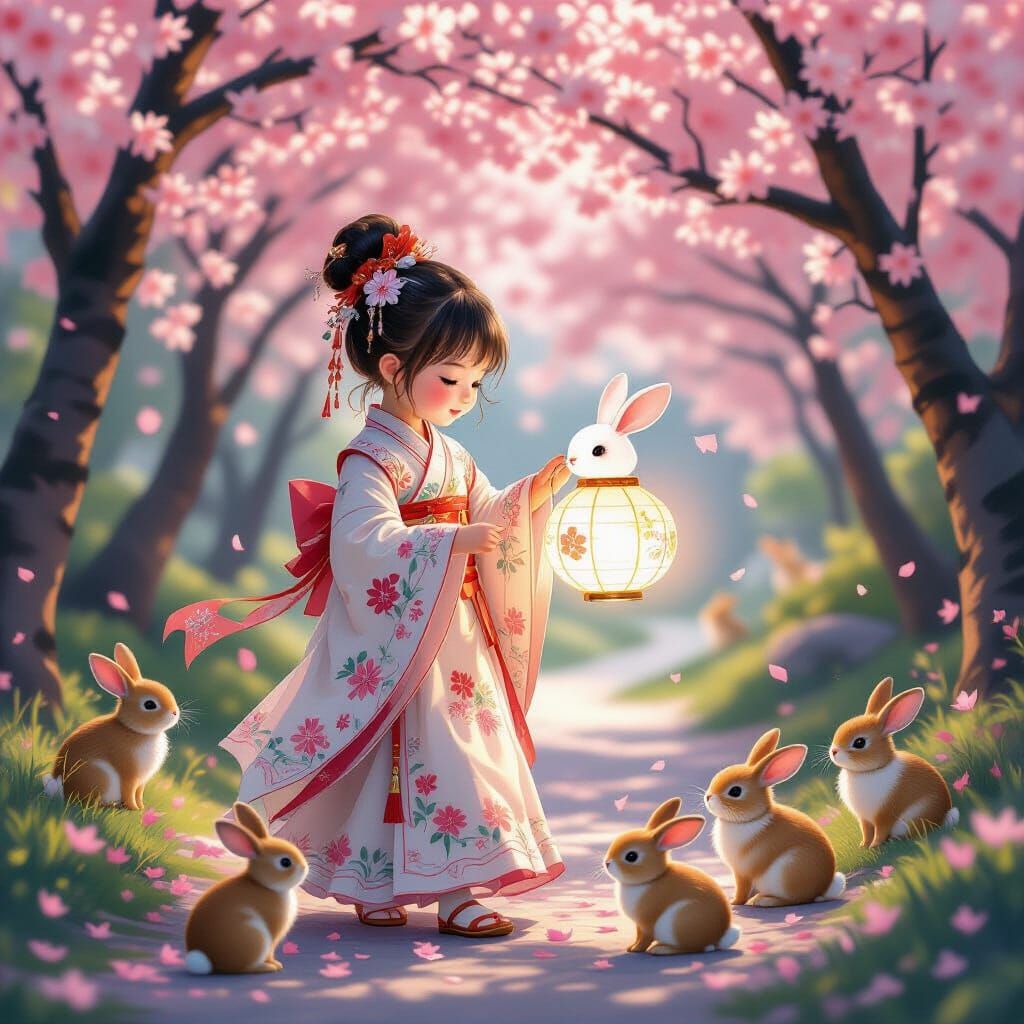 Girl with Rabbit Lantern in Cherry Blossom Grove