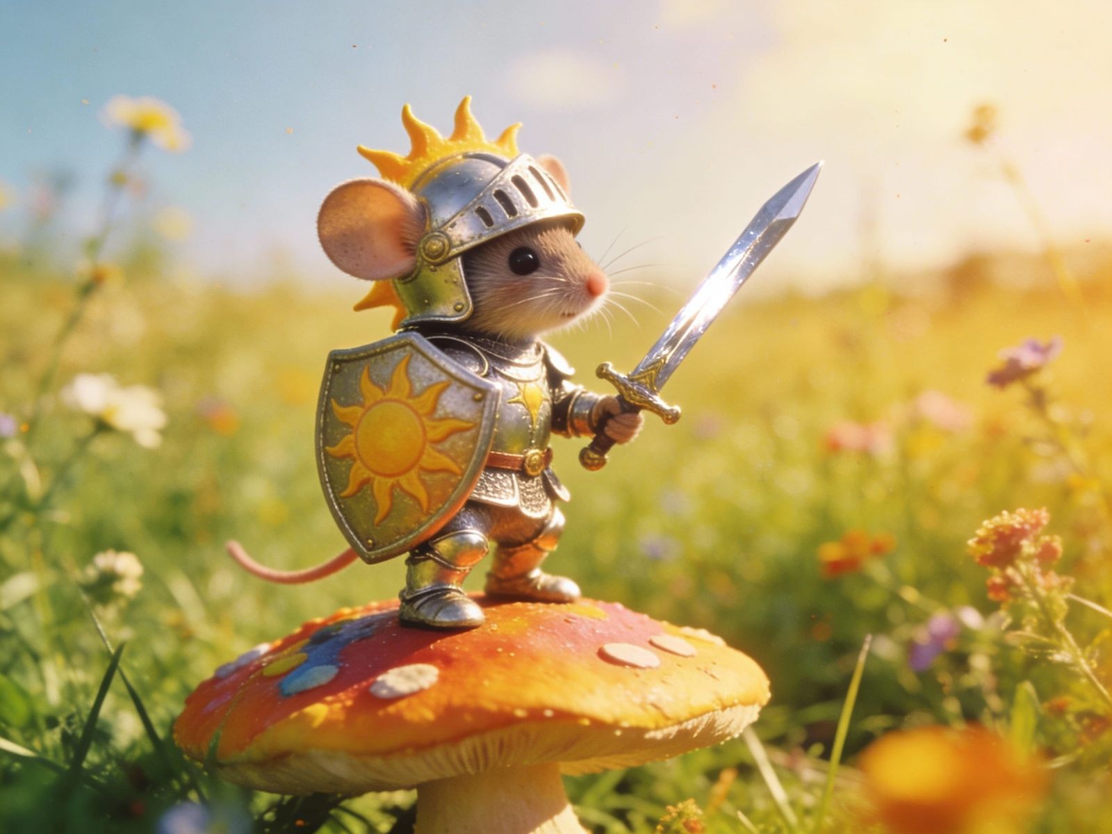 Cute Knight Mouse in Sun Armor Surveys Fantasy Field