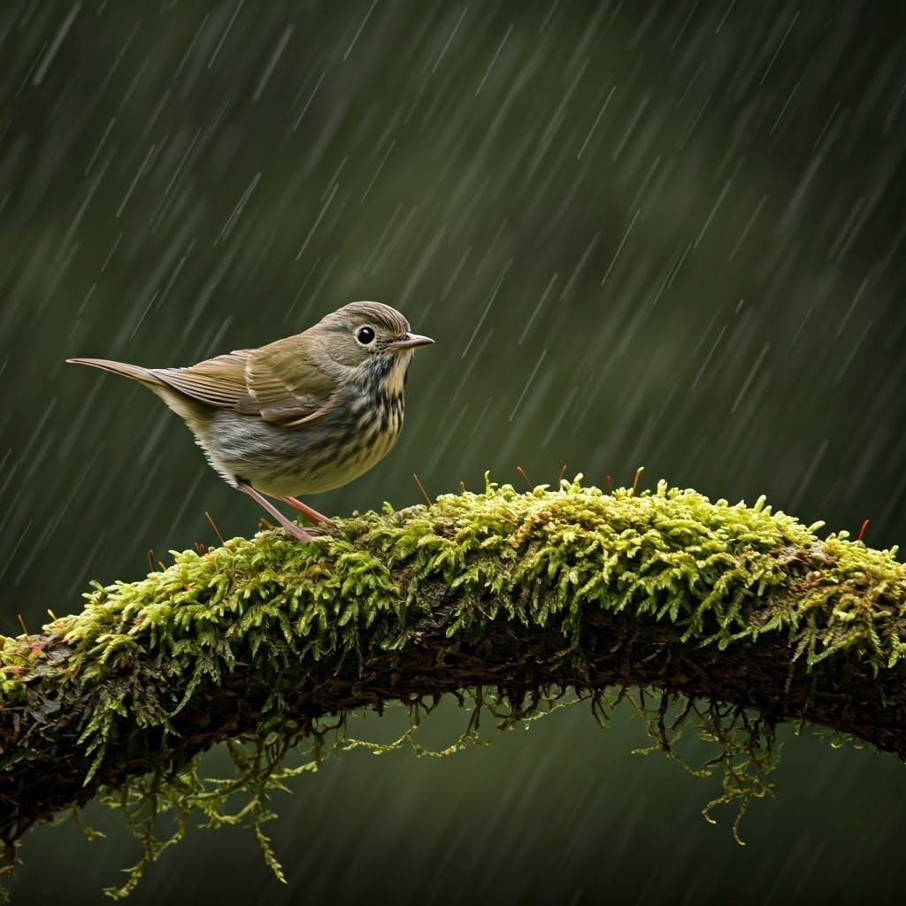 Bird on Mossy Branch in Atmospheric Forest